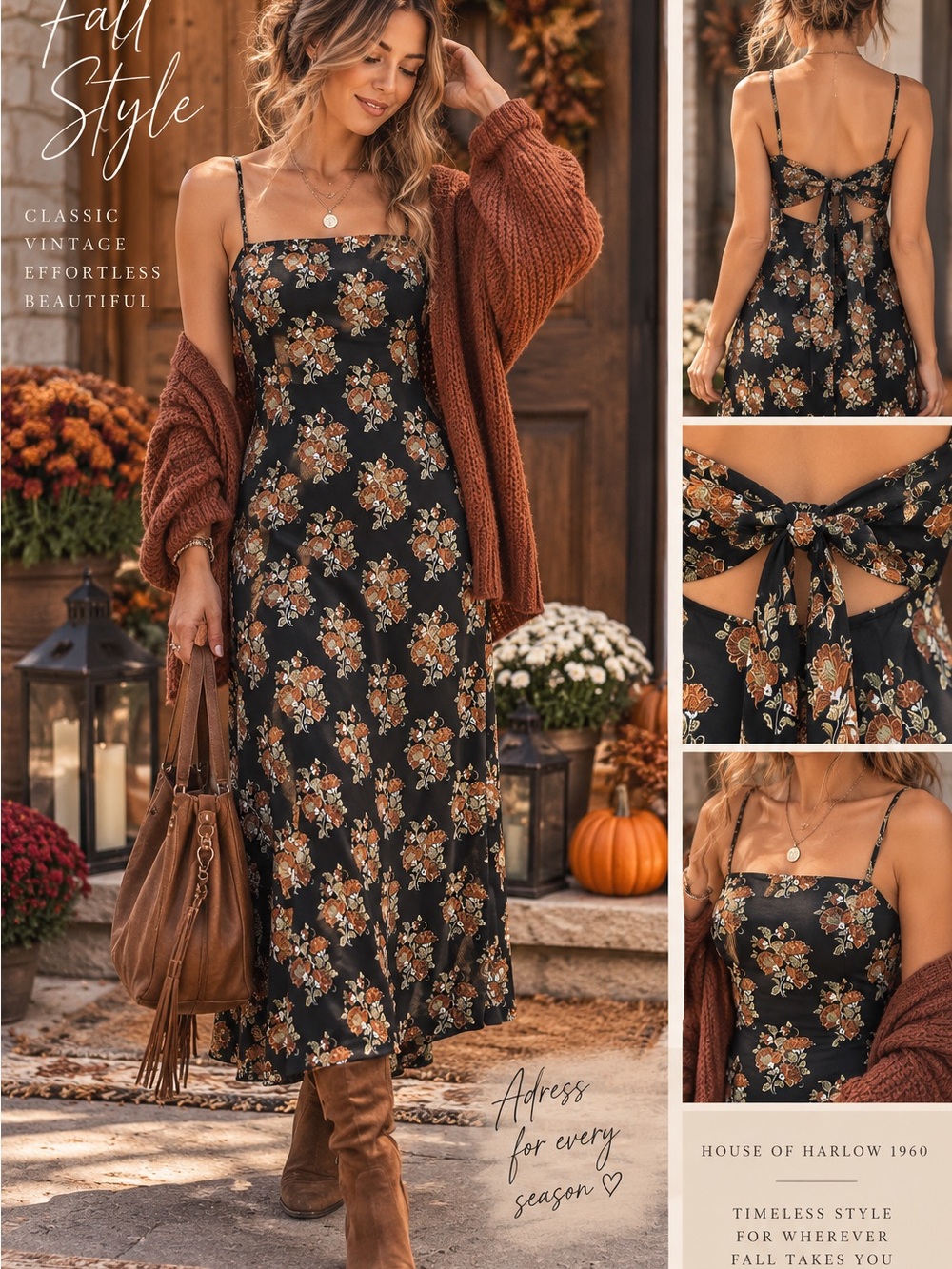 House of Harlow 1960 Black Floral Tie-Back Maxi Slip Dress with Rust Accents